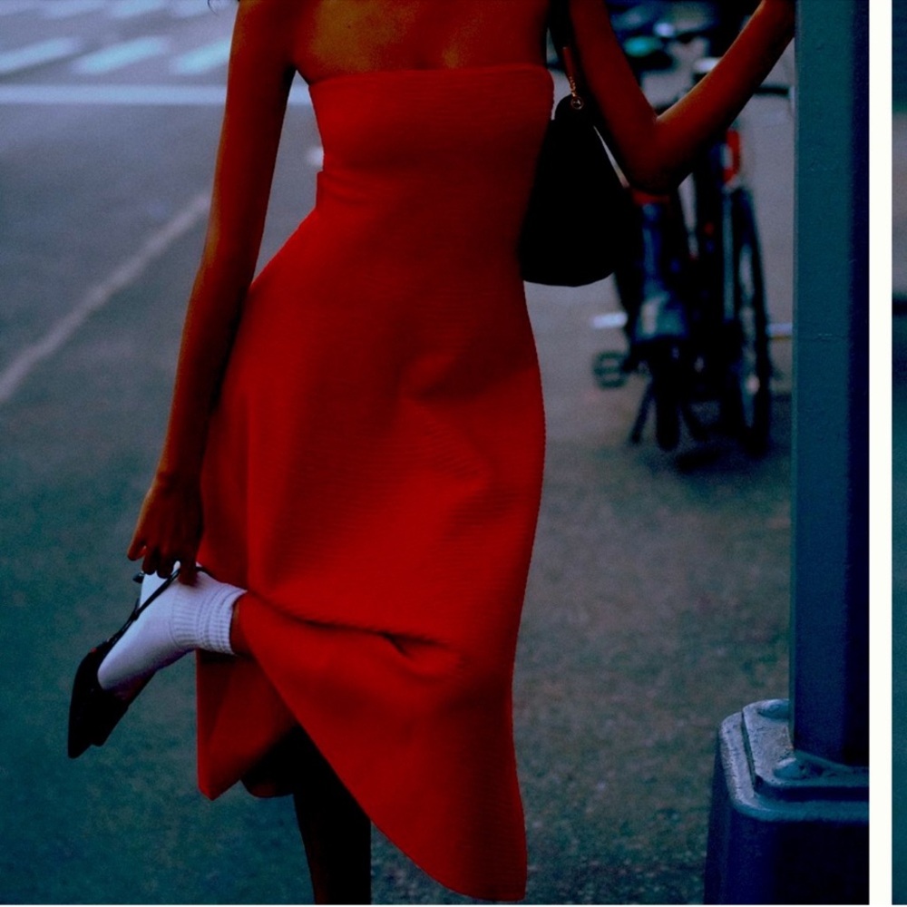 Anthropologie red Strapless belted open back A-line Midi Sweater Dress sz S